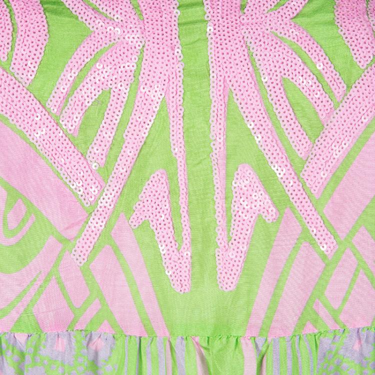 Pre Owned Blumarine Green and Pink Printed Silk Sequin Embellished Long Sleeve Tunic M