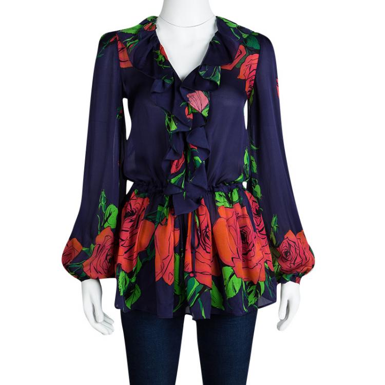 Pre Owned Blumarine Multicolor Floral Printed Ruffle Detail Long Sleeve Blouse S