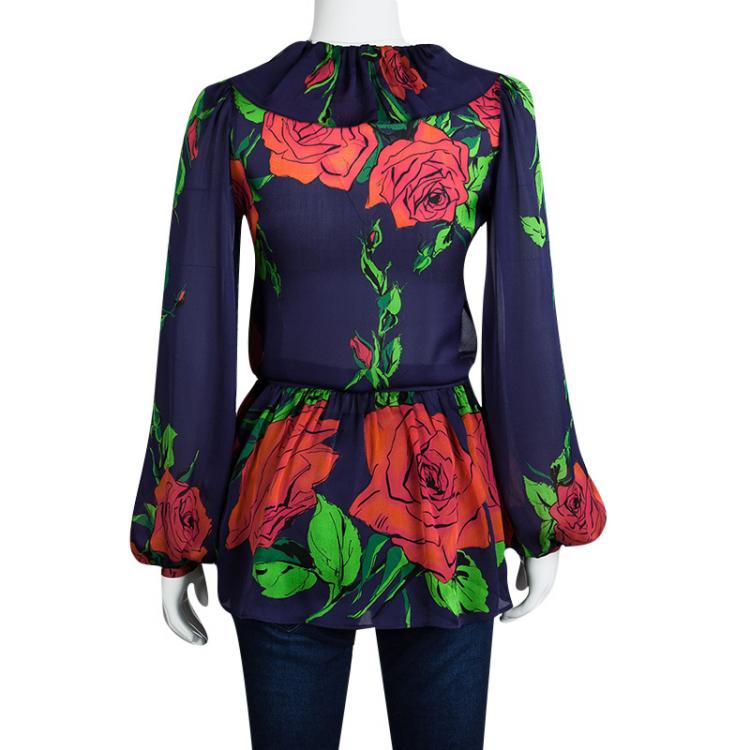 Pre Owned Blumarine Multicolor Floral Printed Ruffle Detail Long Sleeve Blouse S