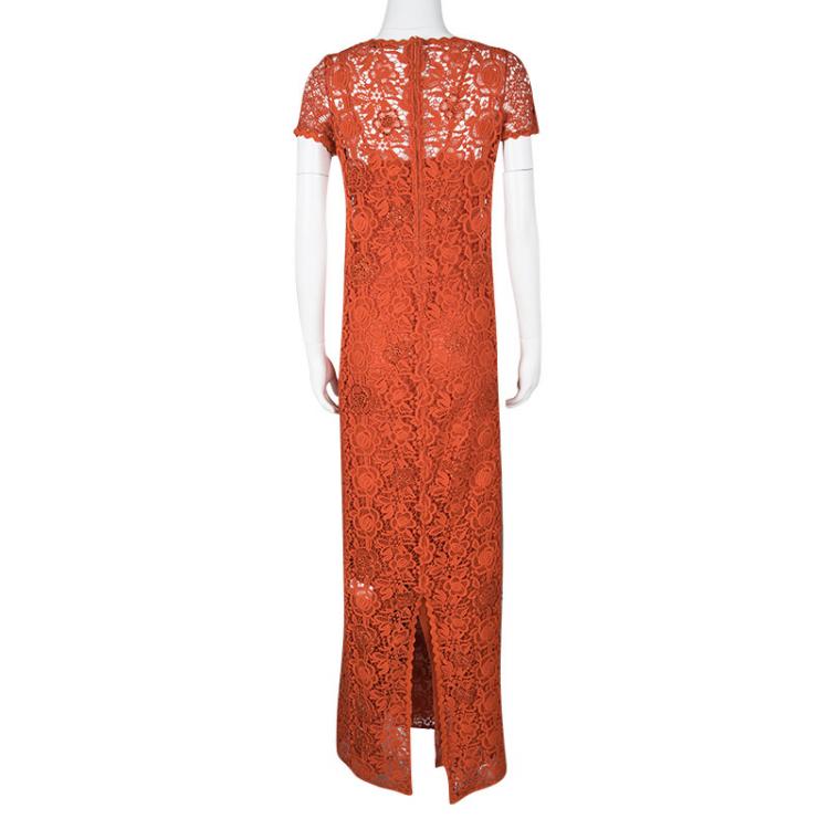 Pre Owned Blumarine Orange Floral Lace Embellished Maxi Dress S