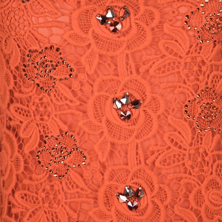 Pre Owned Blumarine Orange Floral Lace Embellished Maxi Dress S