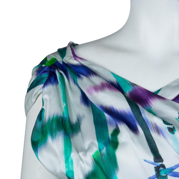 Pre Owned Boss by Hugo Boss White Silk Multicolor Printed Front Crossover Dress M