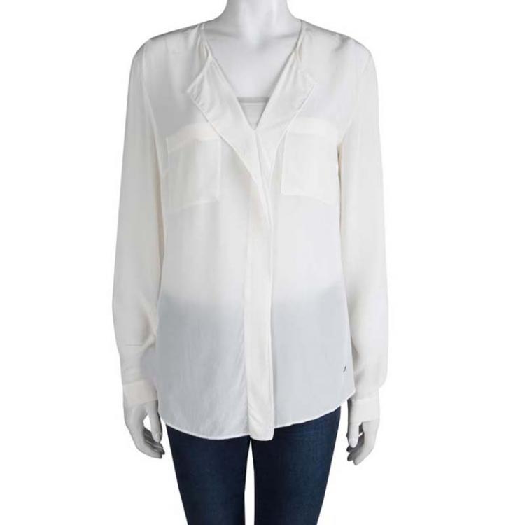 Pre Owned Boss By Hugo Boss Off White Silk Front Detail Long Sleeve Top M