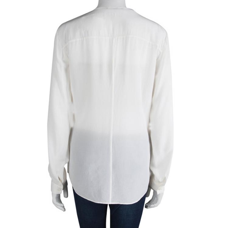 Pre Owned Boss By Hugo Boss Off White Silk Front Detail Long Sleeve Top M