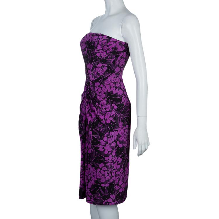 Pre Owned Bottega Veneta Purple Chrysanthemum Print Silk Bandeau Dress S