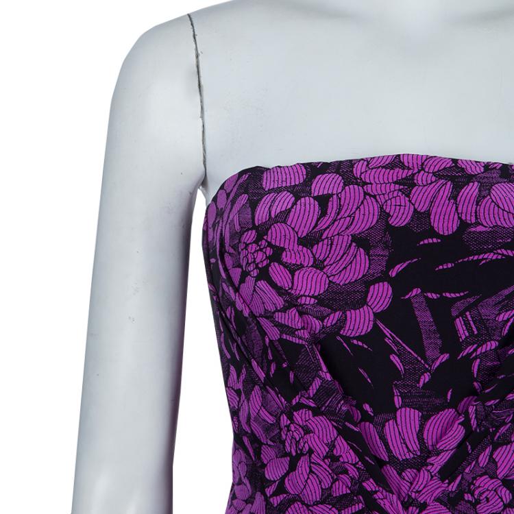 Pre Owned Bottega Veneta Purple Chrysanthemum Print Silk Bandeau Dress S