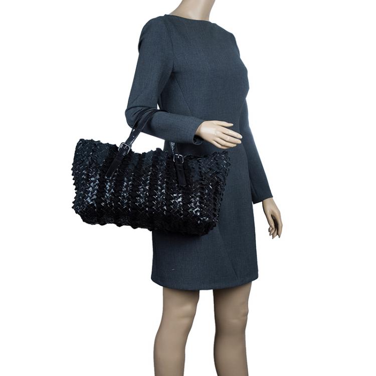 Pre Owned Bottega Veneta Limited Edition Black Stingray Woven Lido Medium Tote