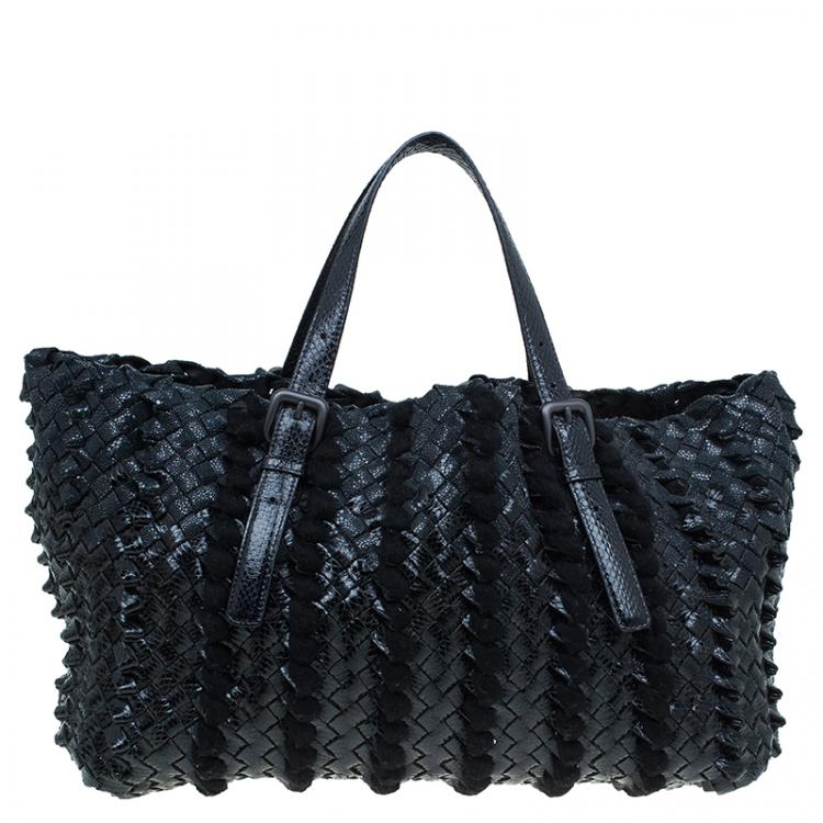 Pre Owned Bottega Veneta Limited Edition Black Stingray Woven Lido Medium Tote