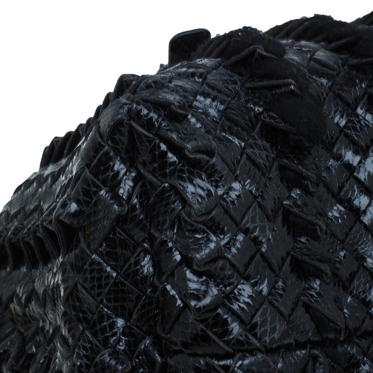 Pre Owned Bottega Veneta Limited Edition Black Stingray Woven Lido Medium Tote
