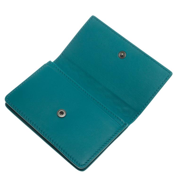 Pre Owned Bottega Veneta Turquoise Intrecciato Leather Card Holder