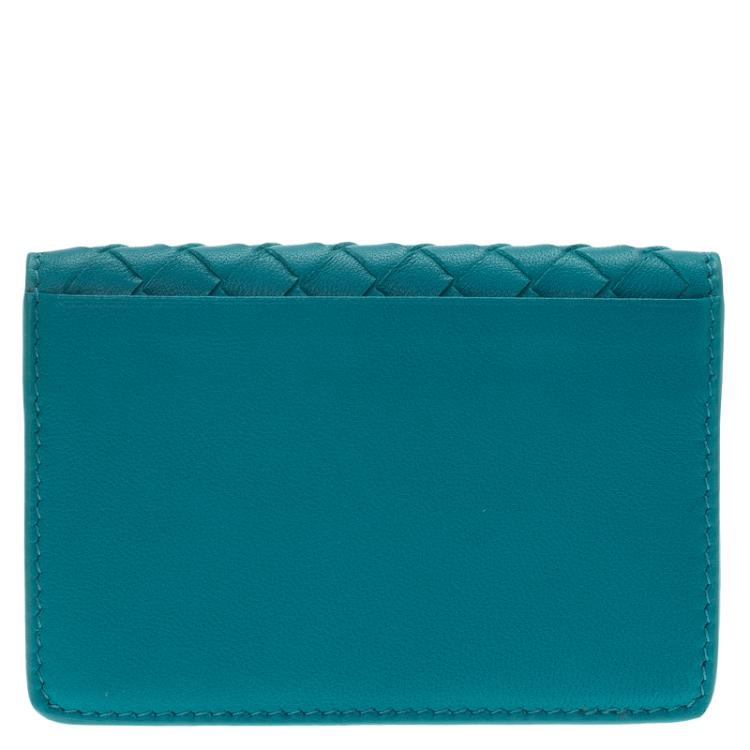 Pre Owned Bottega Veneta Turquoise Intrecciato Leather Card Holder