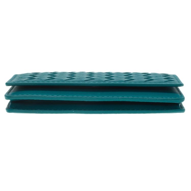 Pre Owned Bottega Veneta Turquoise Intrecciato Leather Card Holder