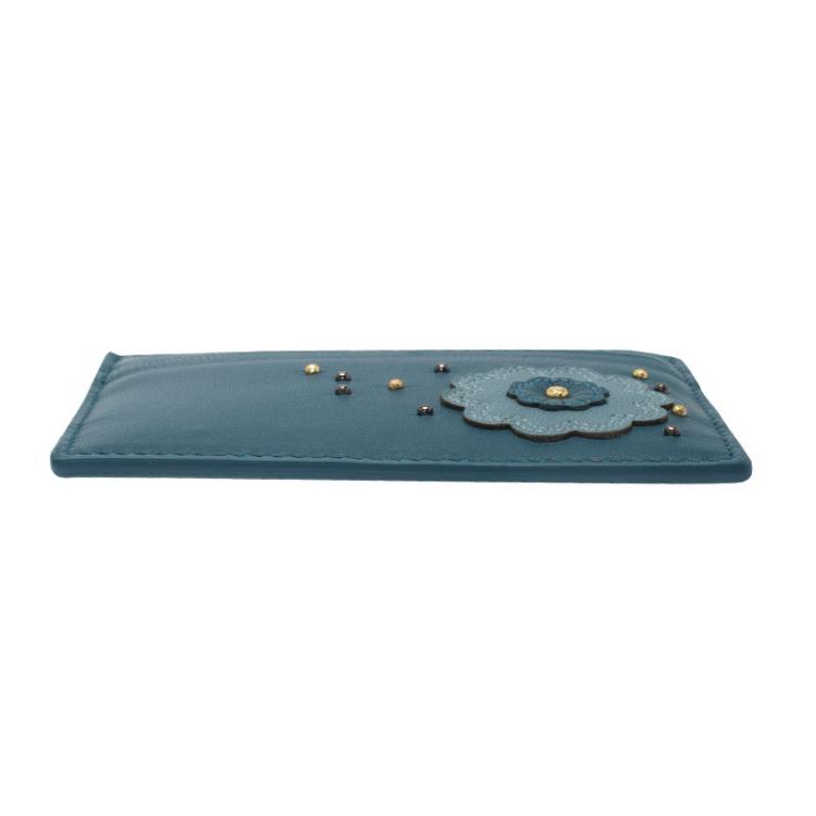 Pre Owned Bottega Veneta Ocean Blue Leather Rose Embroidered Card Holder