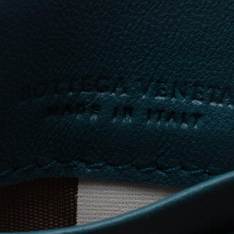 Pre Owned Bottega Veneta Ocean Blue Leather Rose Embroidered Card Holder