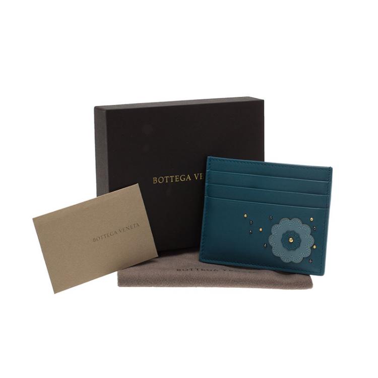 Pre Owned Bottega Veneta Ocean Blue Leather Rose Embroidered Card Holder