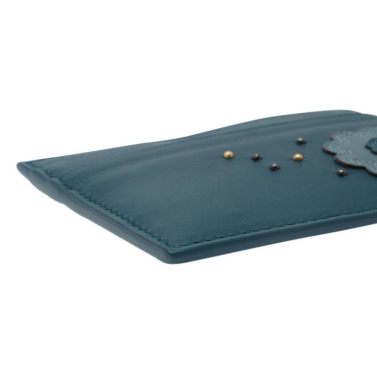 Pre Owned Bottega Veneta Ocean Blue Leather Rose Embroidered Card Holder