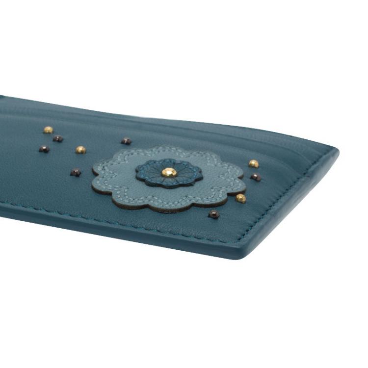 Pre Owned Bottega Veneta Ocean Blue Leather Rose Embroidered Card Holder