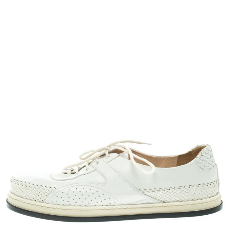 Pre Owned Bottega Veneta White Woven Leather Lace Up Sneakers Size 40