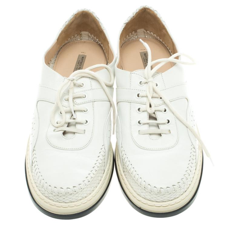 Pre Owned Bottega Veneta White Woven Leather Lace Up Sneakers Size 40