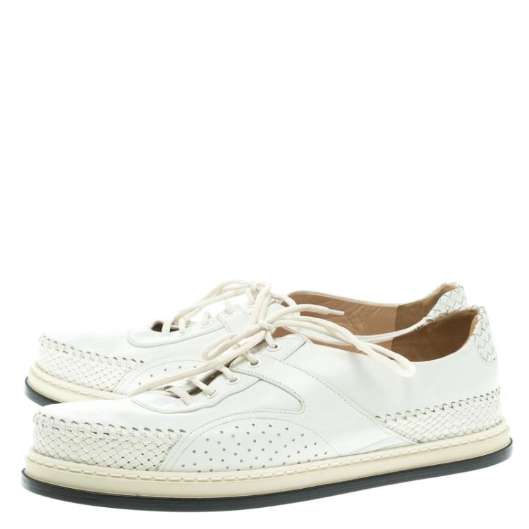 Pre Owned Bottega Veneta White Woven Leather Lace Up Sneakers Size 40