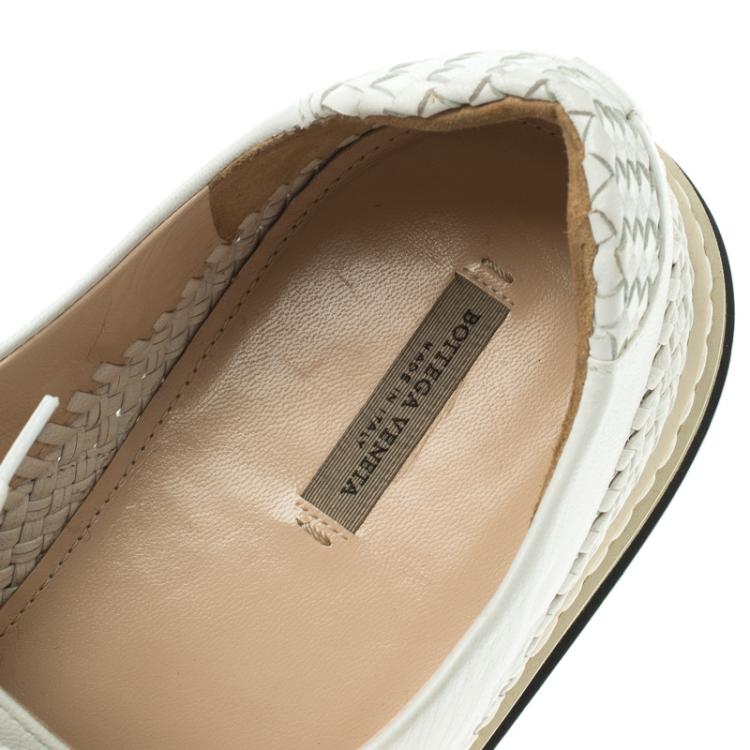 Pre Owned Bottega Veneta White Woven Leather Lace Up Sneakers Size 40