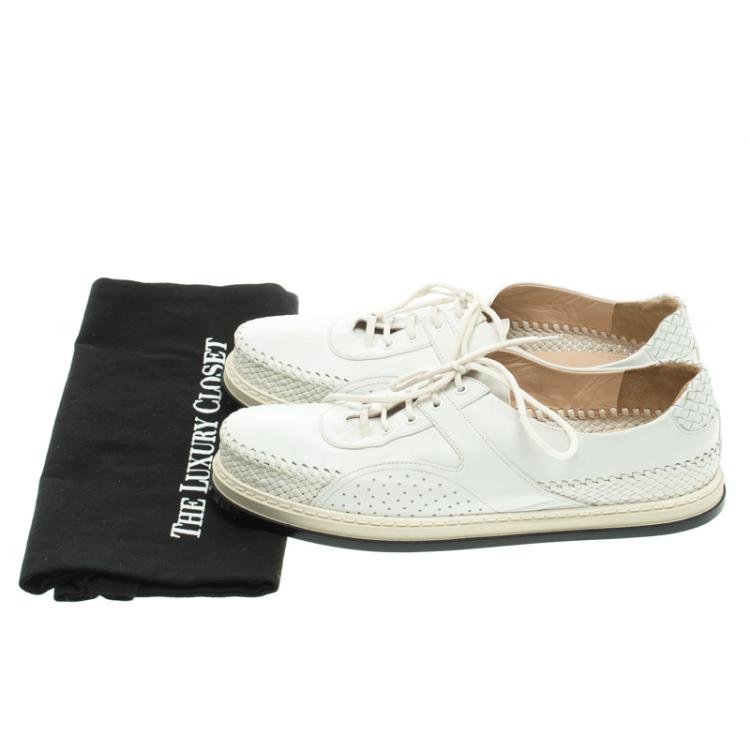 Pre Owned Bottega Veneta White Woven Leather Lace Up Sneakers Size 40