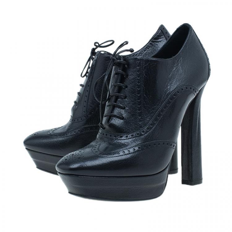 Pre Owned Bottega Veneta Black Brogue Leather Ankle Boots Size 38.5