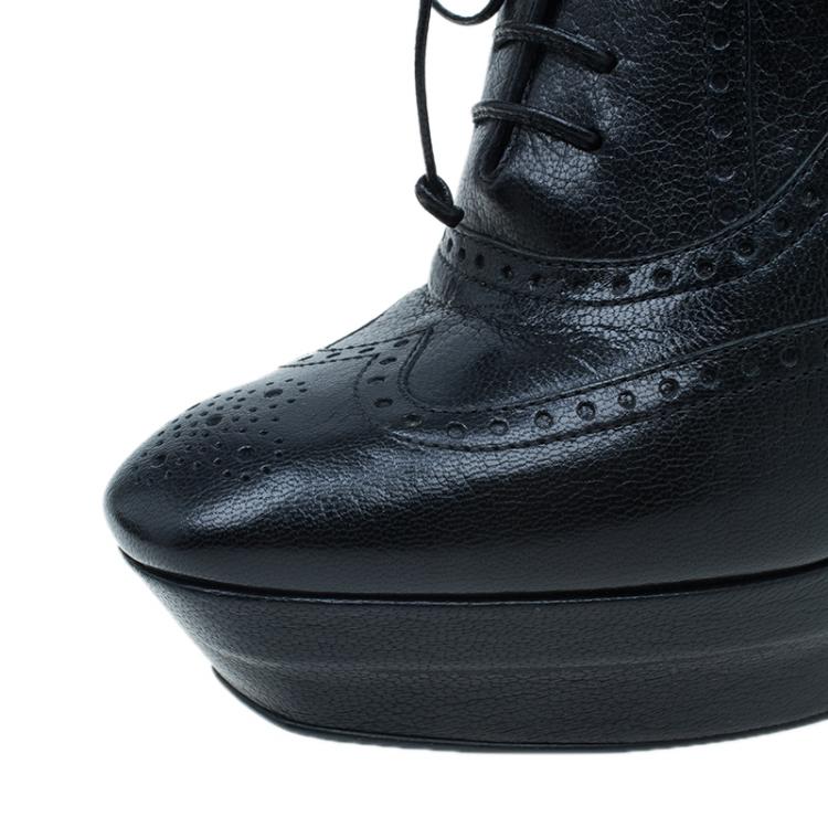 Pre Owned Bottega Veneta Black Brogue Leather Ankle Boots Size 38.5