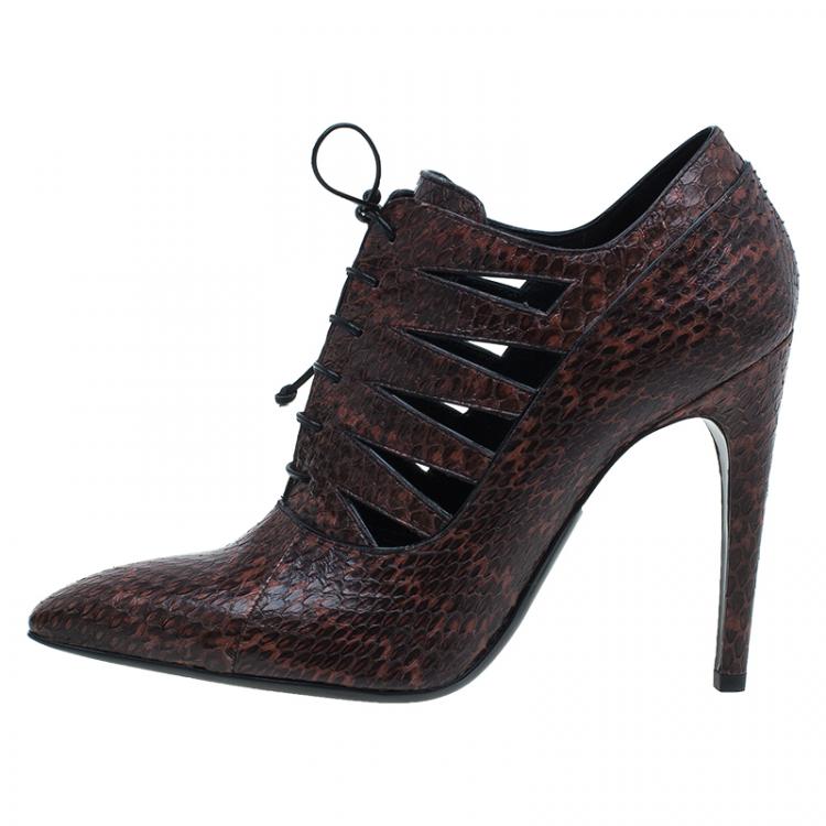 Pre Owned Bottega Veneta Brown Snakeskin Lace Up Cutout Ankle Booties Size 39