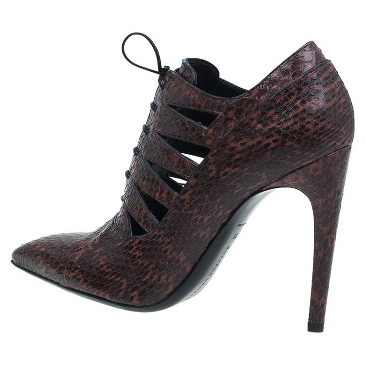 Pre Owned Bottega Veneta Brown Snakeskin Lace Up Cutout Ankle Booties Size 39