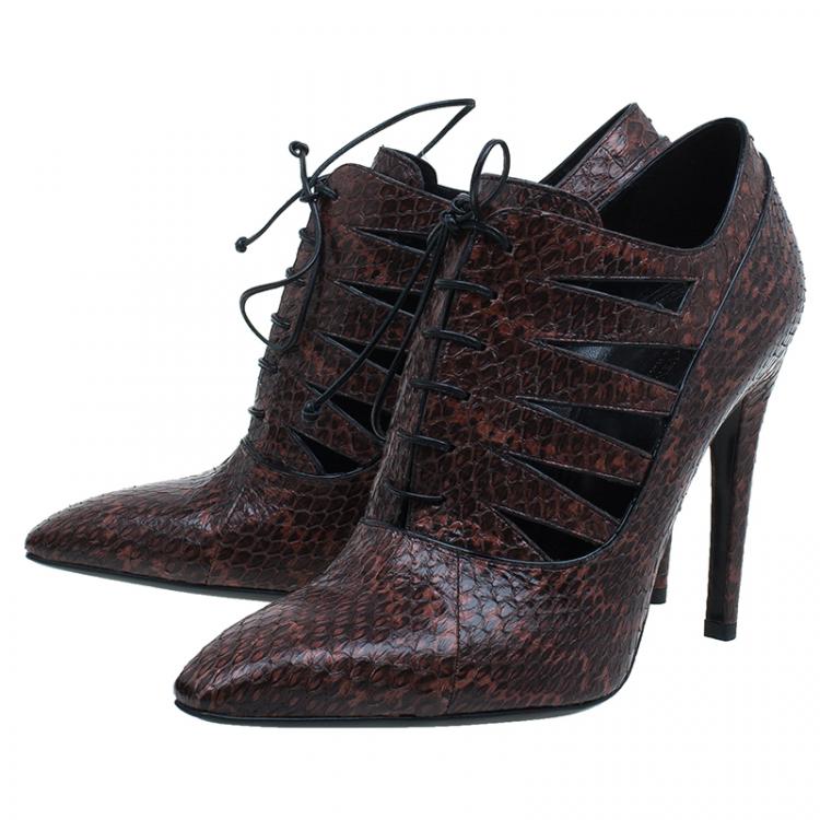 Pre Owned Bottega Veneta Brown Snakeskin Lace Up Cutout Ankle Booties Size 39