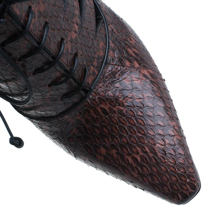 Pre Owned Bottega Veneta Brown Snakeskin Lace Up Cutout Ankle Booties Size 39