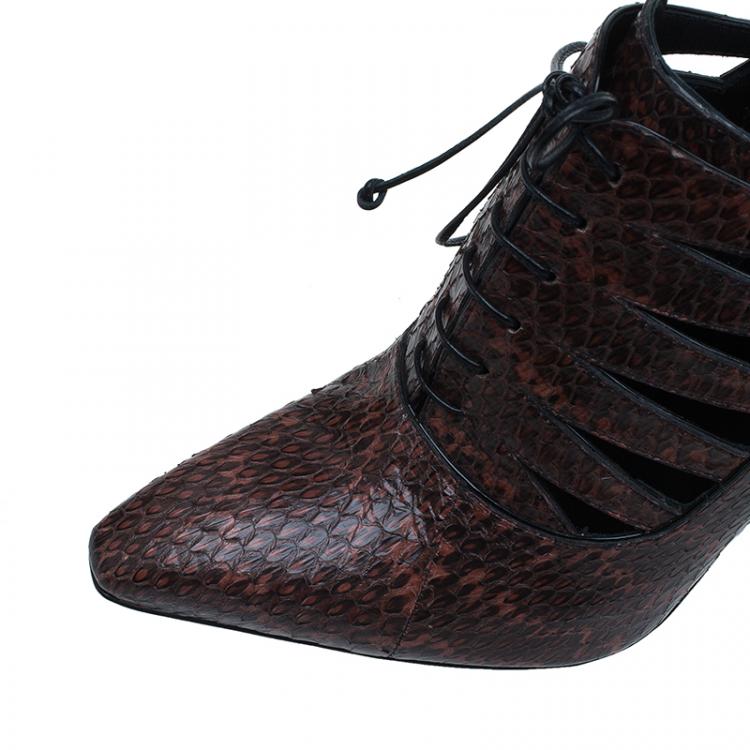 Pre Owned Bottega Veneta Brown Snakeskin Lace Up Cutout Ankle Booties Size 39