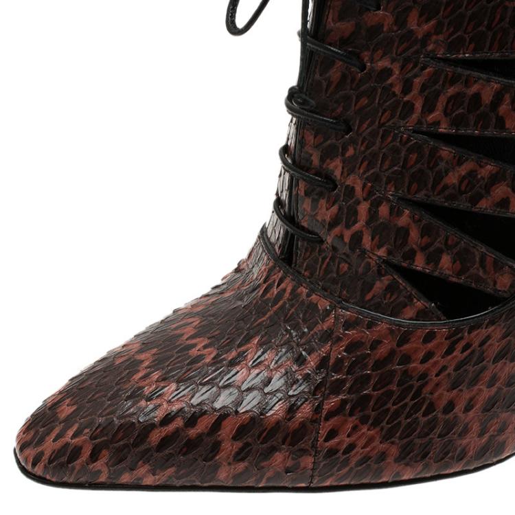 Pre Owned Bottega Veneta Brown Python Cutout Lace-Up Ankle Boots Size 38.5