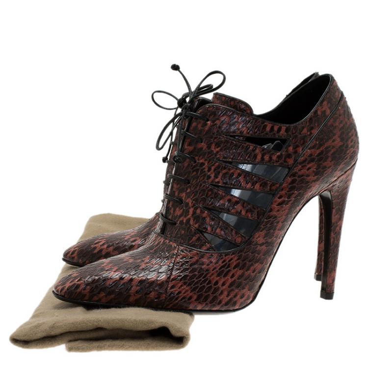 Pre Owned Bottega Veneta Brown Python Cutout Lace-Up Ankle Boots Size 38.5