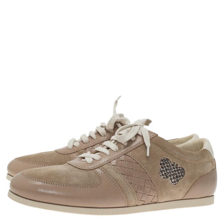 Pre Owned Bottega Veneta Beige Suede and Leather Butterfly Sneakers Size 41