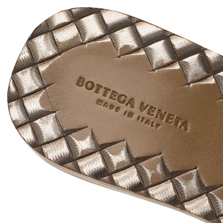 Pre Owned Bottega Veneta Silver Intrecciato Leather Flat Slides Size 37