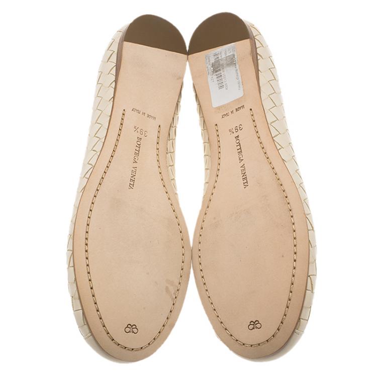 Pre Owned Bottega Veneta Cream Intrecciato Leather Bow Ballet Flats Size 39.5