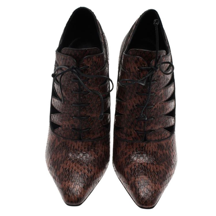 Pre Owned Bottega Veneta Brown Python Lace Up Cutout Ankle Booties Size 38