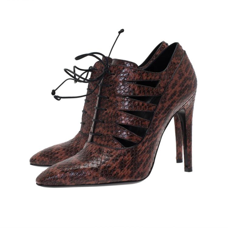 Pre Owned Bottega Veneta Brown Python Lace Up Cutout Ankle Booties Size 38