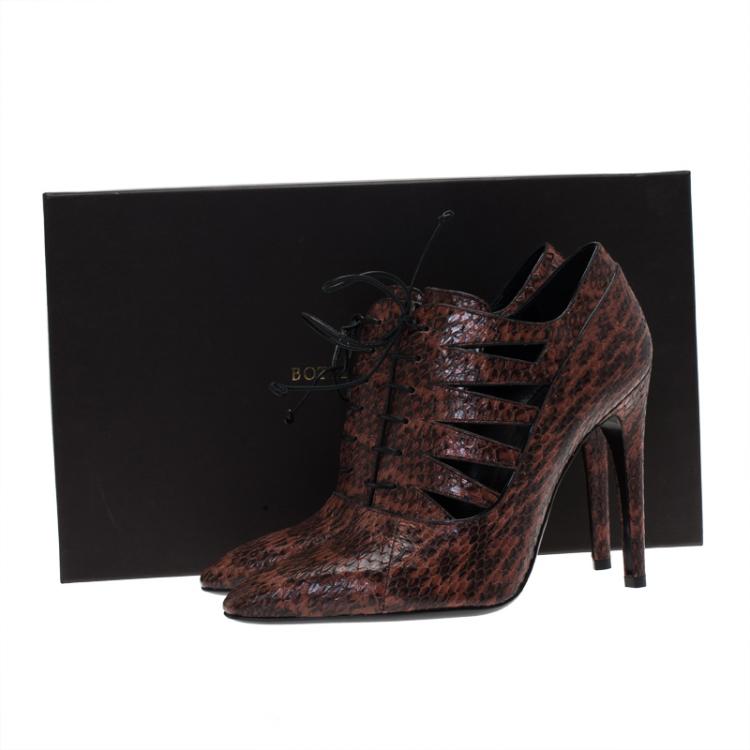 Pre Owned Bottega Veneta Brown Python Lace Up Cutout Ankle Booties Size 38