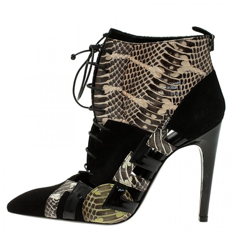 Pre Owned Bottega Veneta Black Suede and Python Lace Up Ankle Boots Size 37