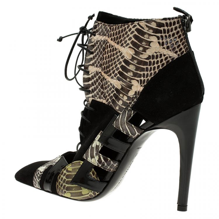 Pre Owned Bottega Veneta Black Suede and Python Lace Up Ankle Boots Size 37