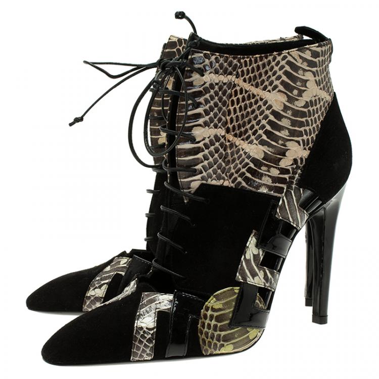 Pre Owned Bottega Veneta Black Suede and Python Lace Up Ankle Boots Size 37
