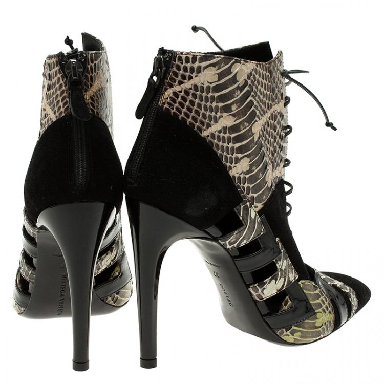Pre Owned Bottega Veneta Black Suede and Python Lace Up Ankle Boots Size 37