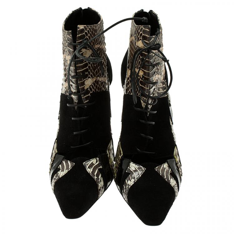 Pre Owned Bottega Veneta Black Suede and Python Lace Up Ankle Boots Size 37
