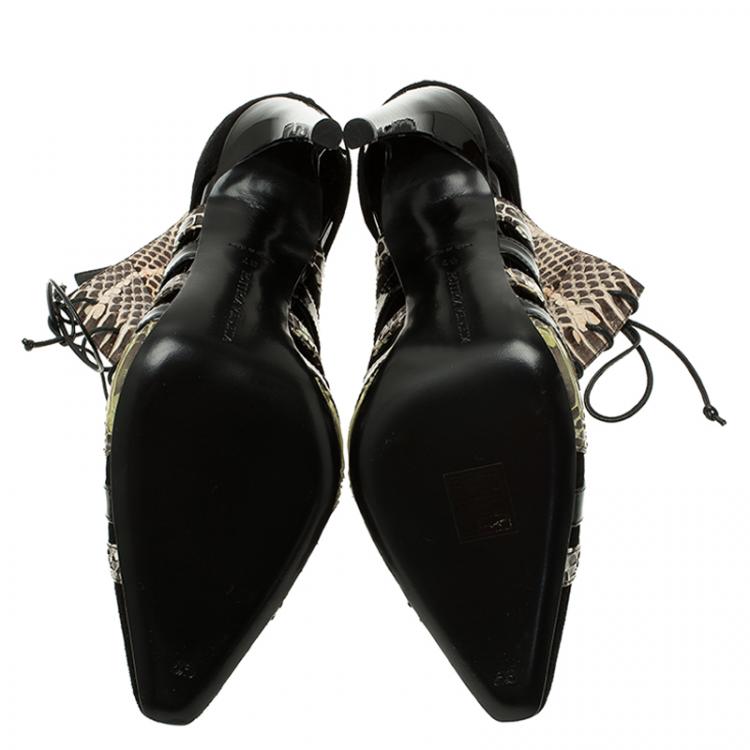Pre Owned Bottega Veneta Black Suede and Python Lace Up Ankle Boots Size 37