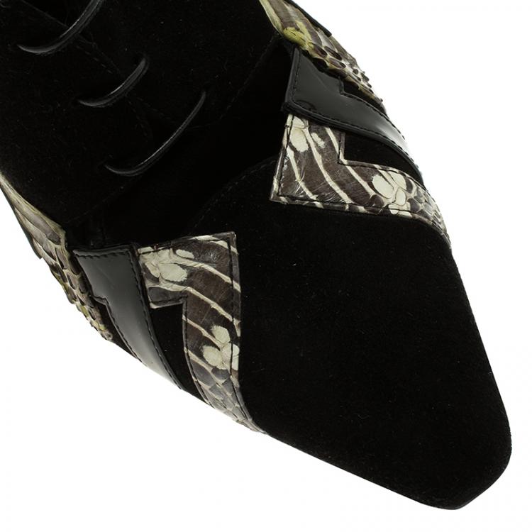 Pre Owned Bottega Veneta Black Suede and Python Lace Up Ankle Boots Size 37