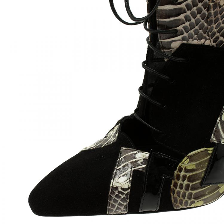 Pre Owned Bottega Veneta Black Suede and Python Lace Up Ankle Boots Size 37