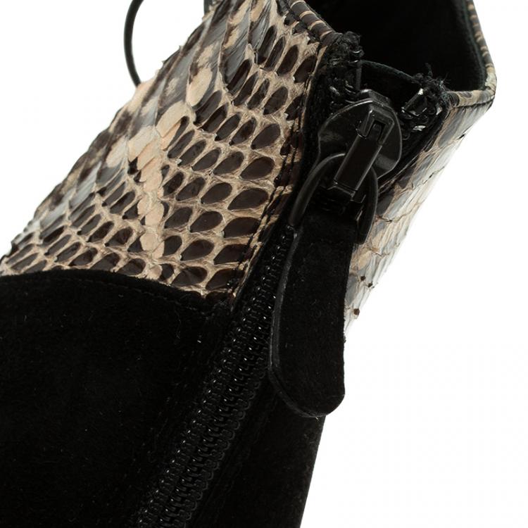 Pre Owned Bottega Veneta Black Suede and Python Lace Up Ankle Boots Size 37
